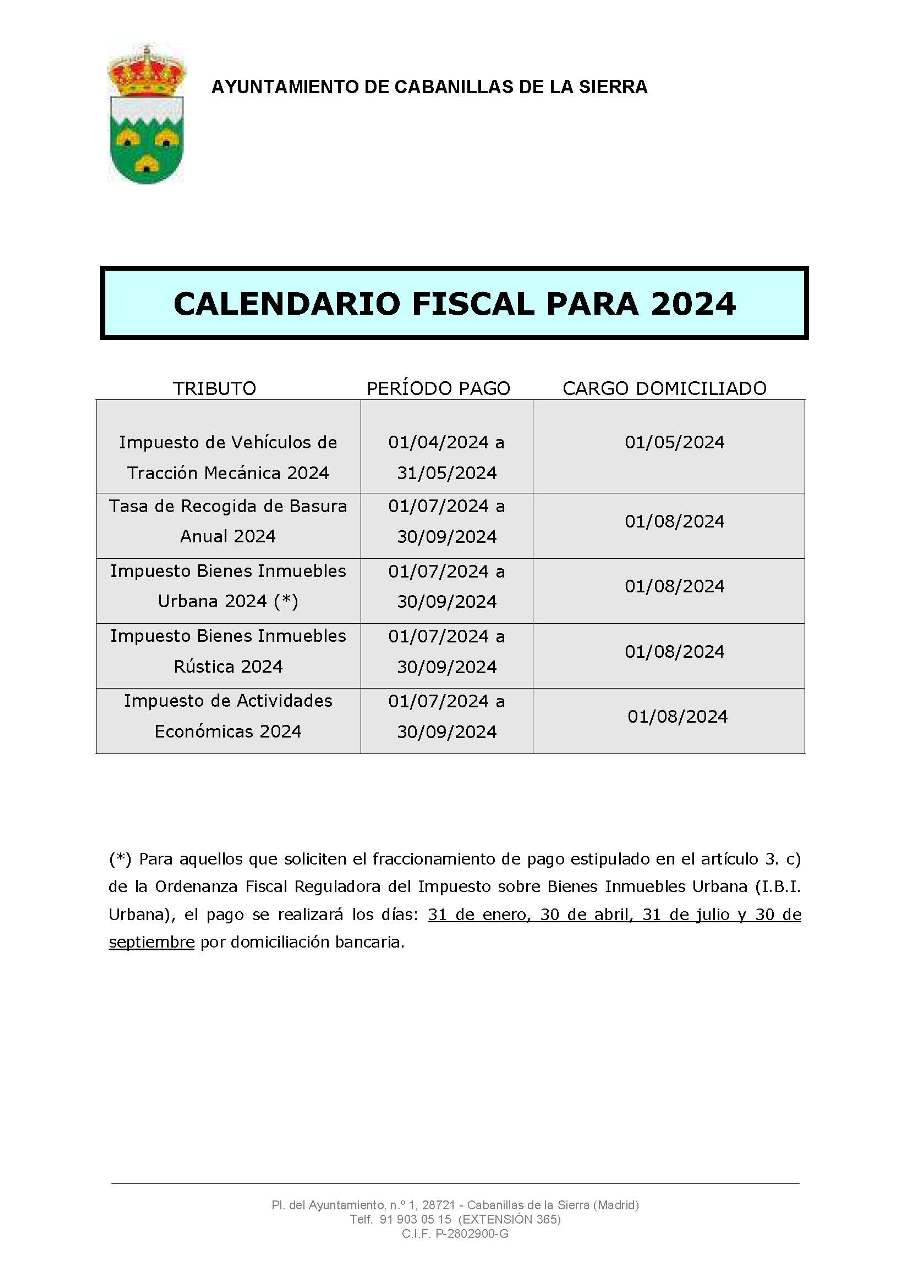 Calendario fiscal 2024 Cabanillas de la Sierra