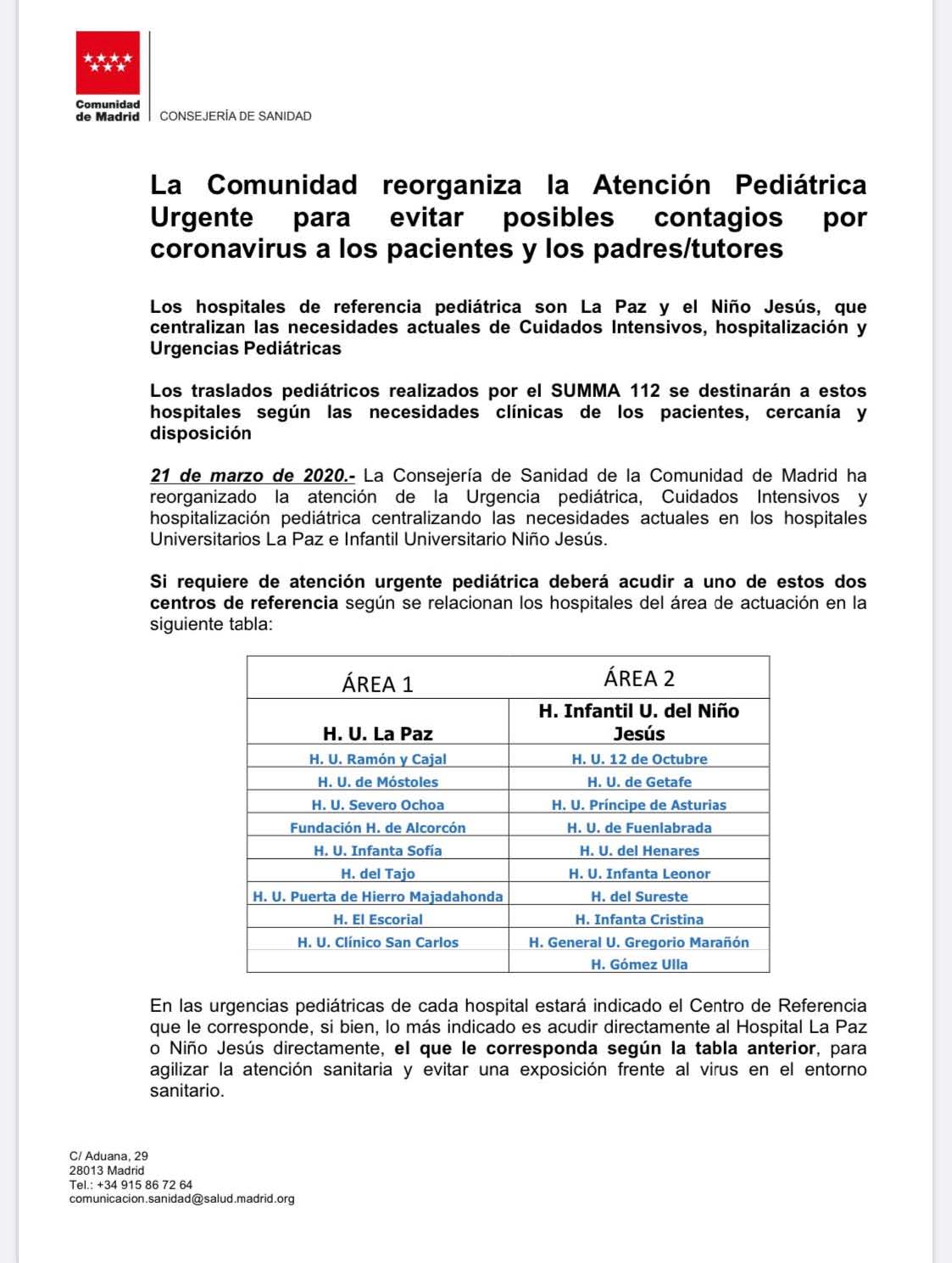 Pediatría Comunidad de Madrid Conserjería de Sanidad