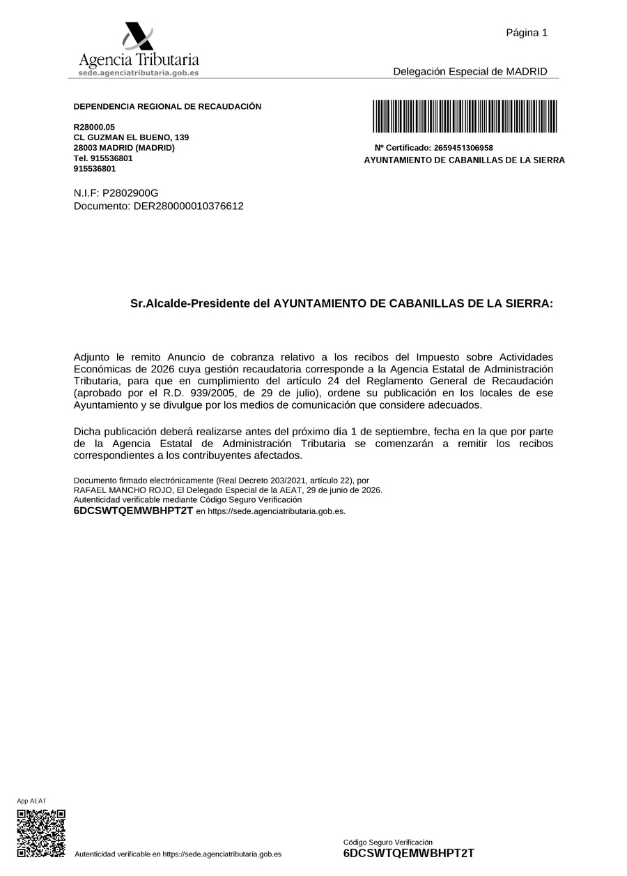 Anuncio de cobranza relativo a los recibos del IAE 2026 cuya gestión recaudatoria corresponde a la AEAT