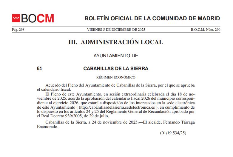 Aprobación calendario fiscal 2026