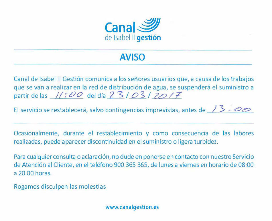 Aviso corte agua