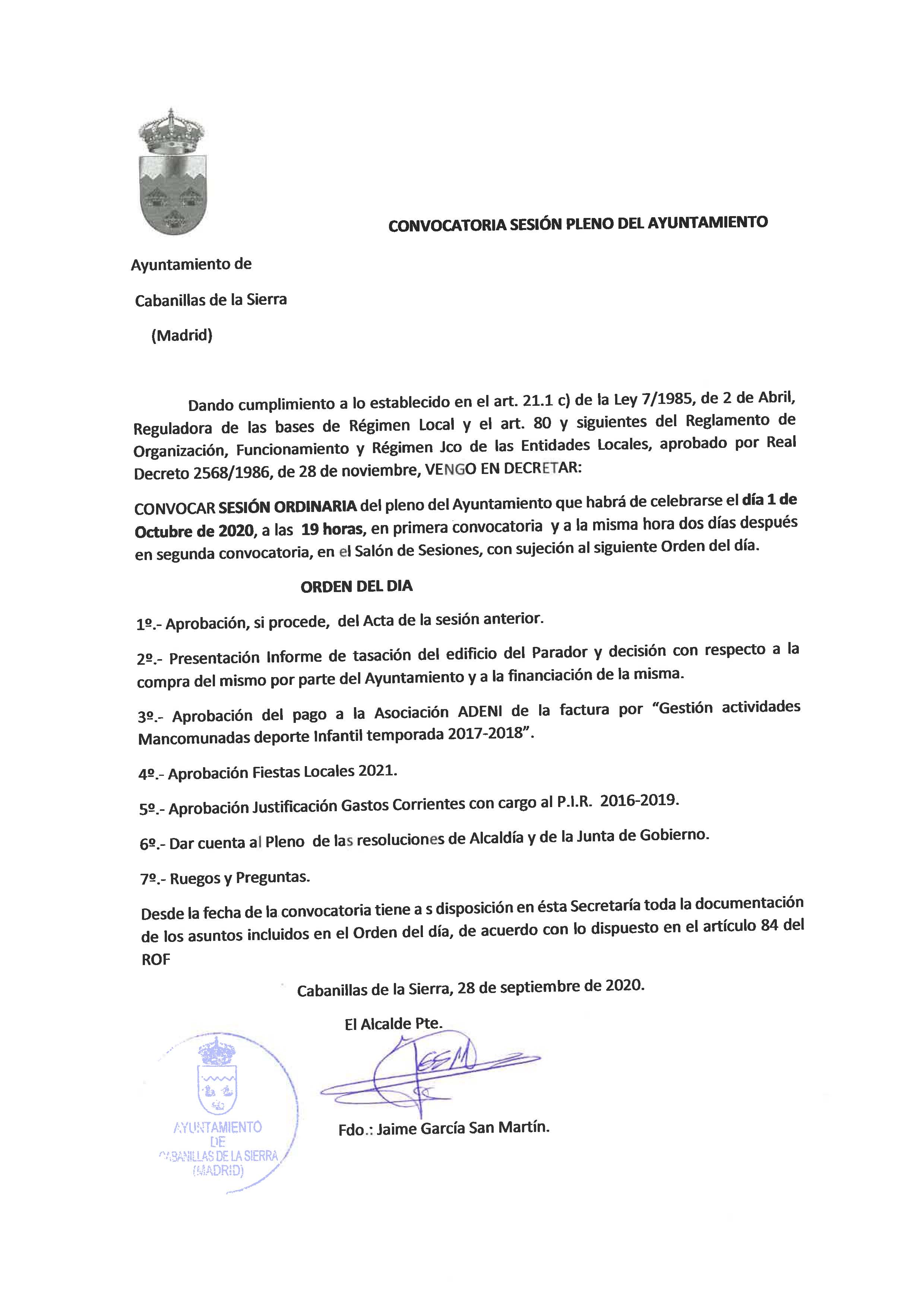 Convocatoria pleno extraordinario 3 jul 2020