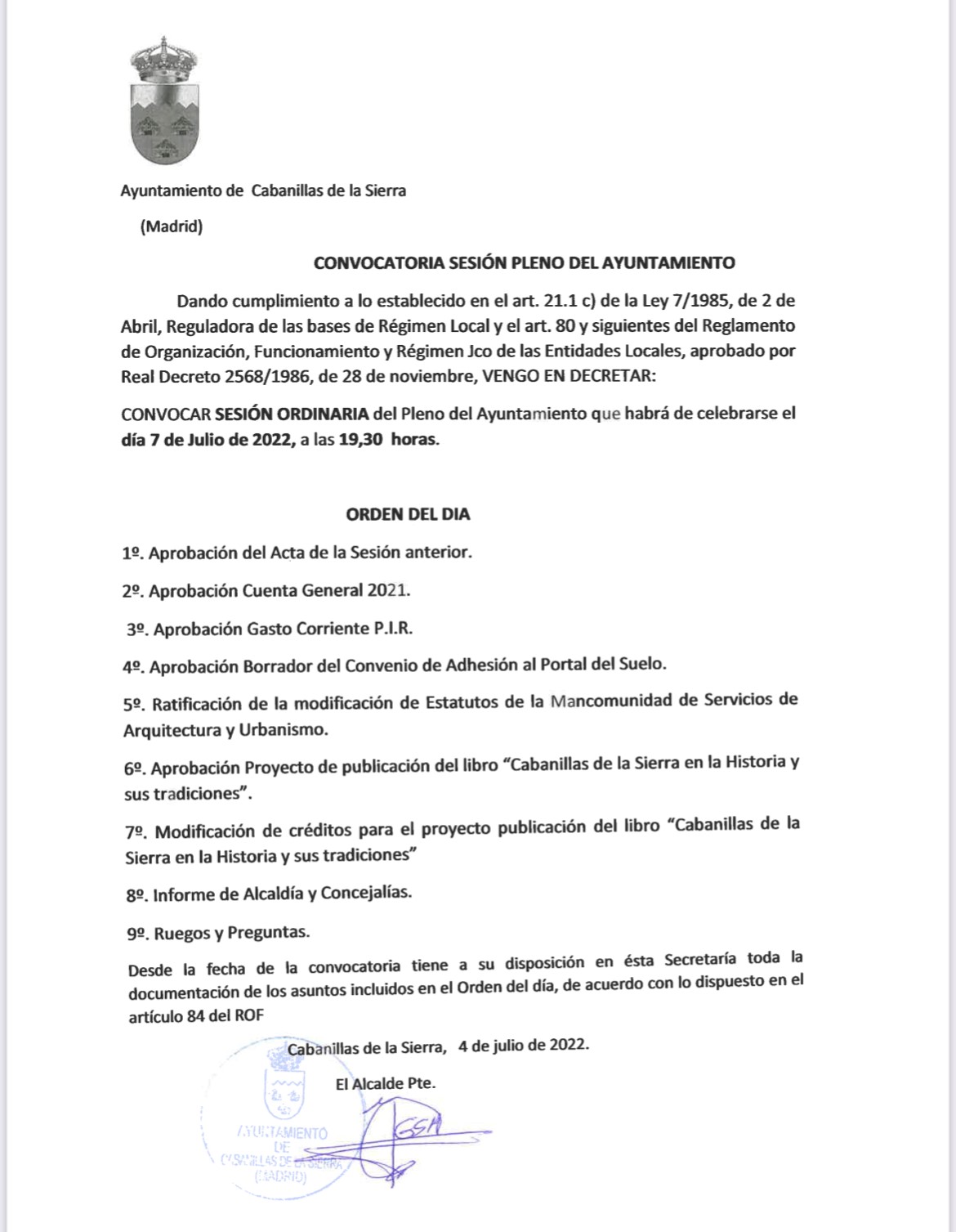 Convocatoria pleno 20220321