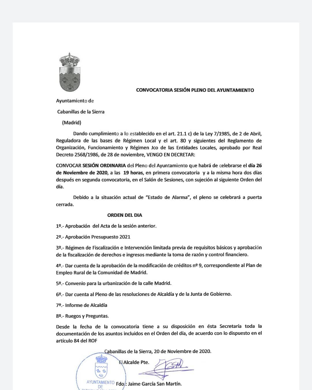 Convocatoria pleno extraordinario 3 jul 2020