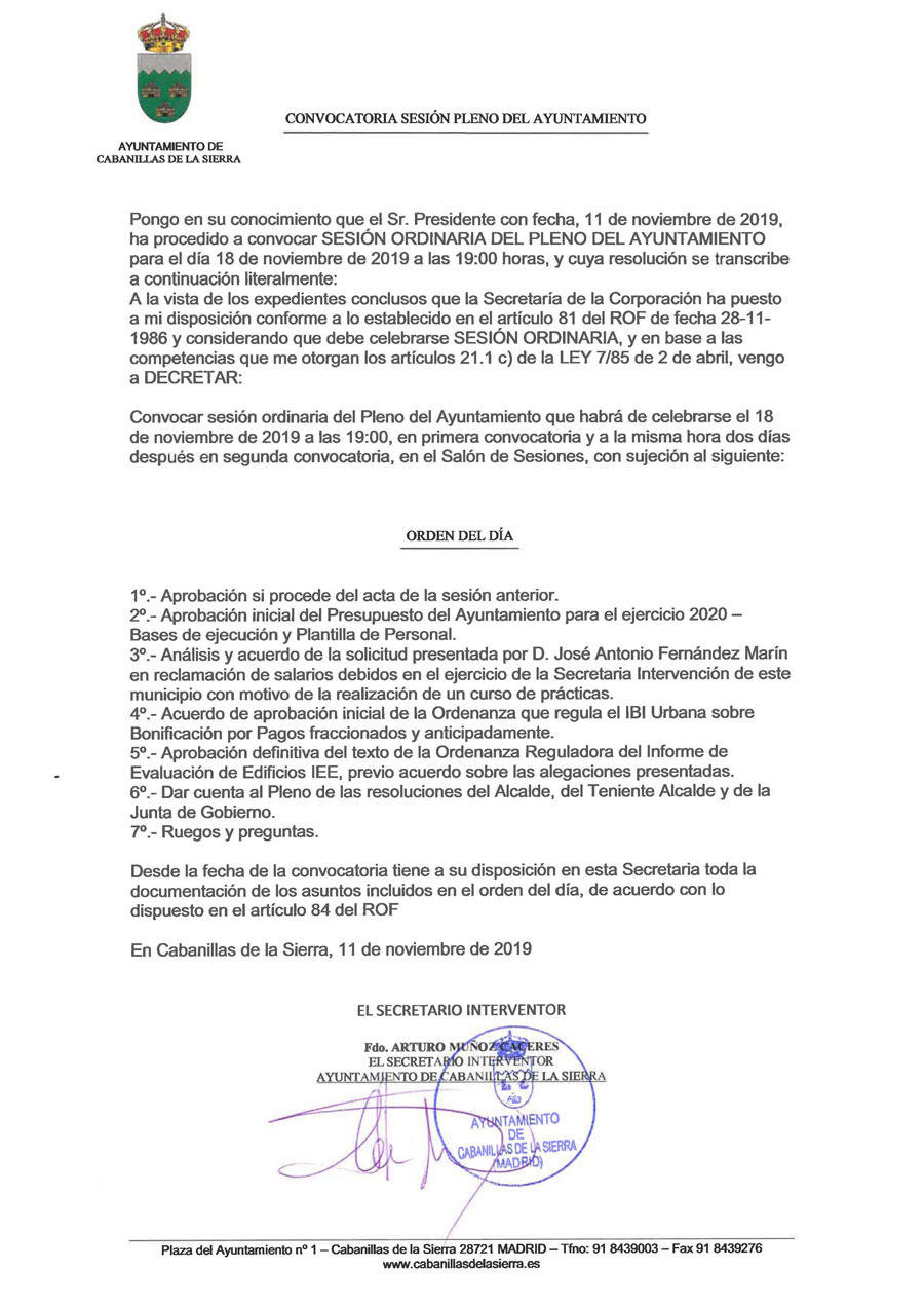 Convocatoria pleno 11 noviembre 2019