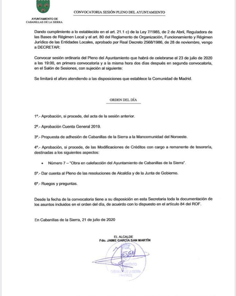 Convocatoria pleno extraordinario 3 jul 2020