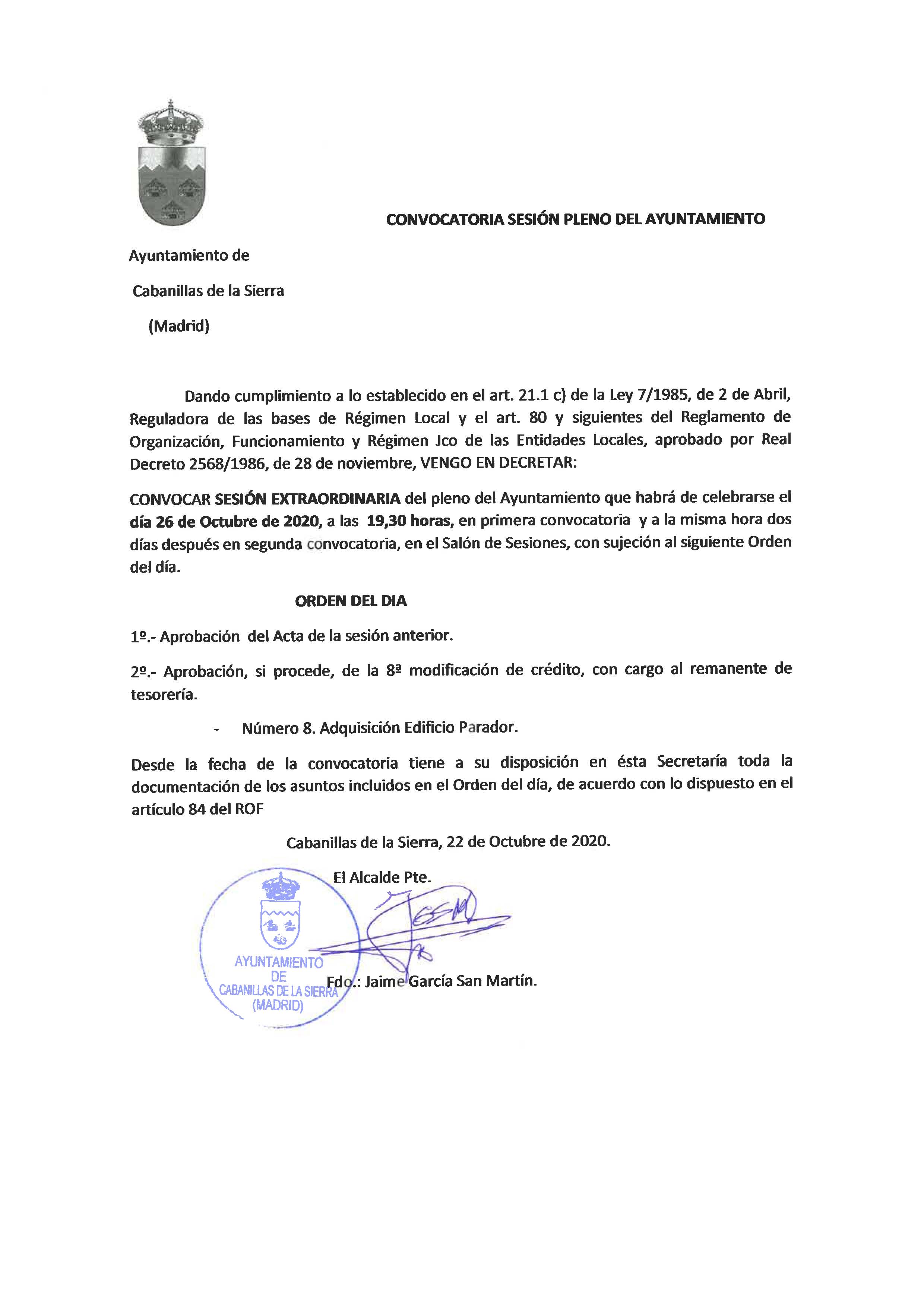 Convocatoria pleno extraordinario 3 jul 2020