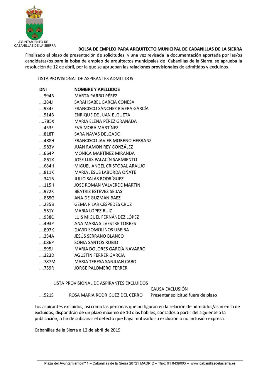 Lista Provisional de admitidos excluidos