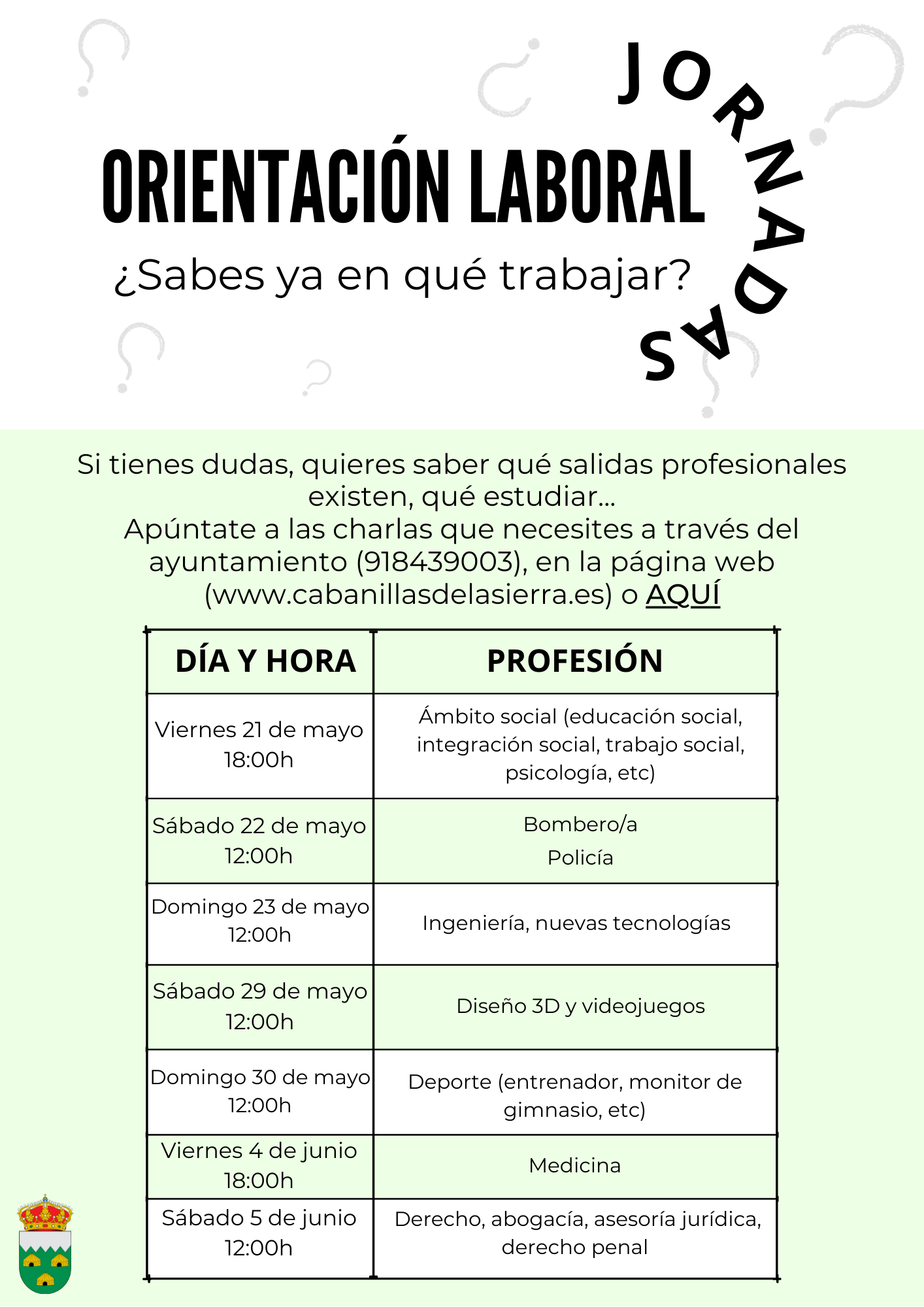 Si tienes dudas quieres saber qué salidas profesionales existen qué estudiar Apúntate a estas jornadas a través del ayuntamiento 918439003 o