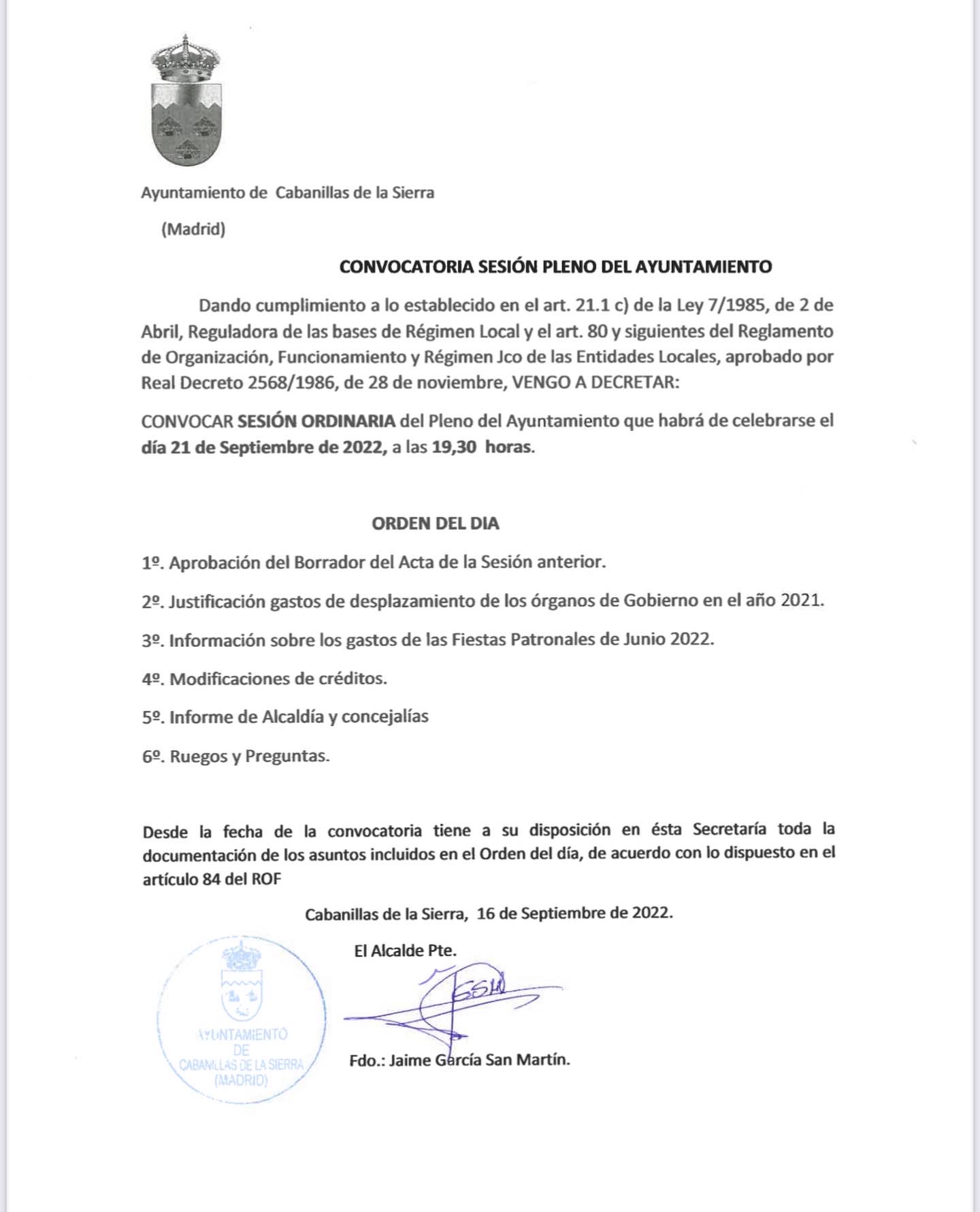 Convocatoria a pleno Cabanillas de la Sierra