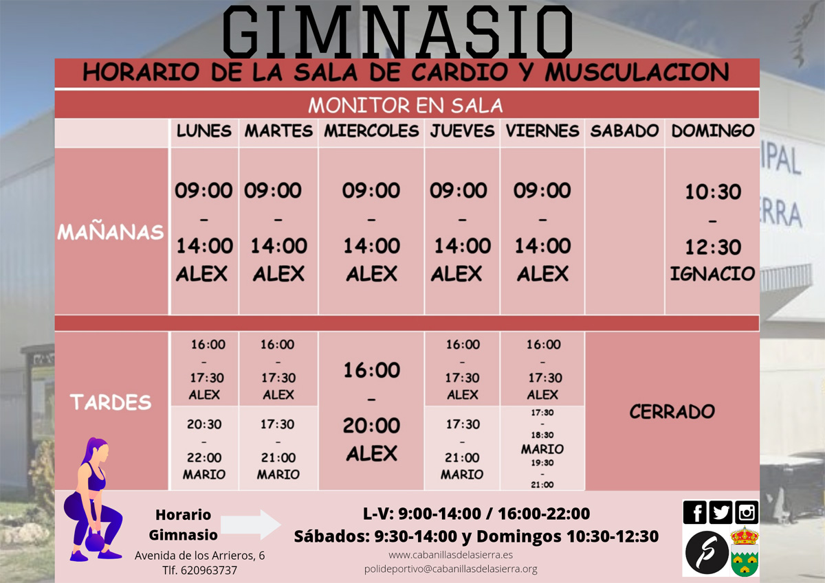 HORARIO DE GIMNASIO Y MONITORES EN SALA