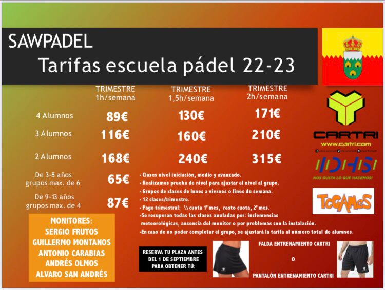 SAWPADEL tarifas temporada 22 23