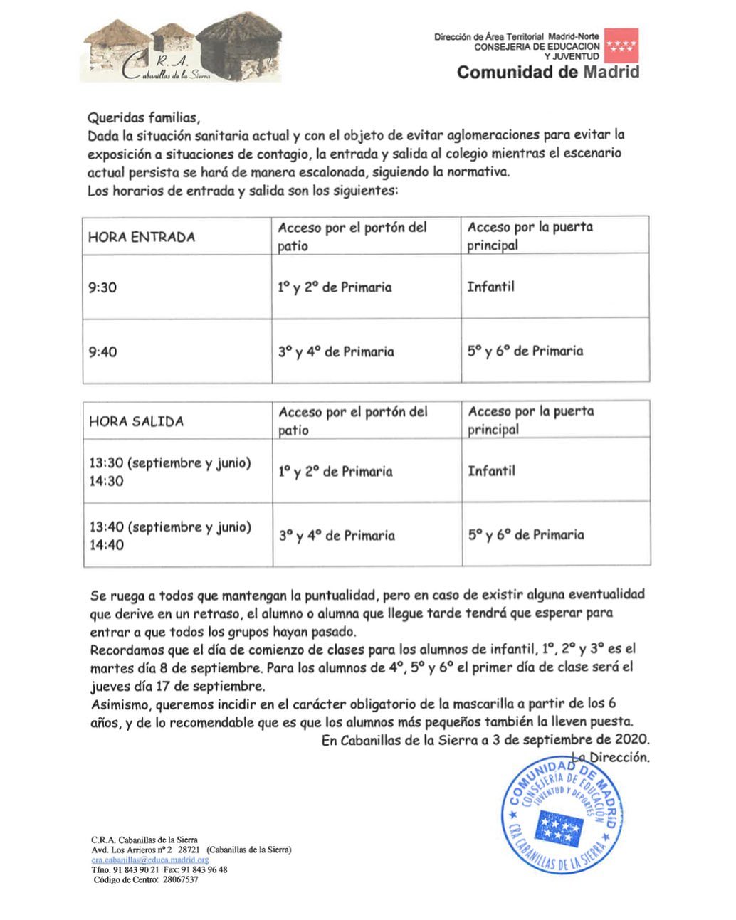 CRA Cabanillas horarios sep 2020