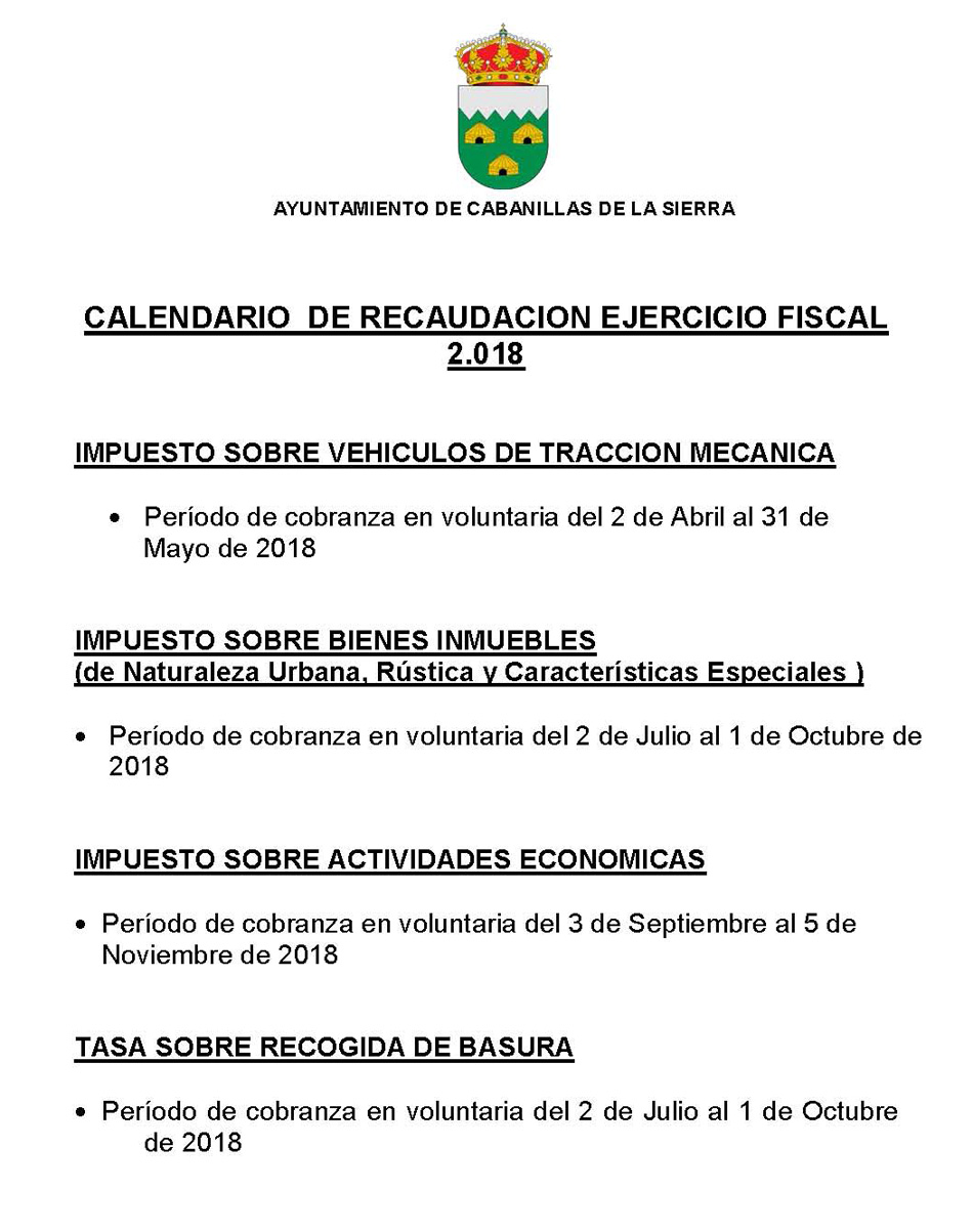 Calendario recaudacion ejercicio fiscal 2018